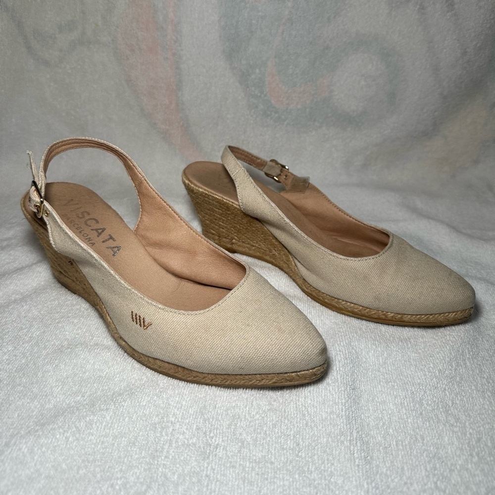 VISCATA Barcelona Palomera Canvas Slingback Buckle Wedge Espadrilles Size 39/8